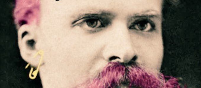 Affiche avec le portrait de Nietszche portant moustache et cheveux roses